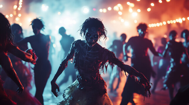 Holloween Theme Zombie Prom Night, an enchanting scene of elegantly dressed zombies in tattered attire, dancing joyfully under the glow of eerie disco lights, blending horror with celebration.