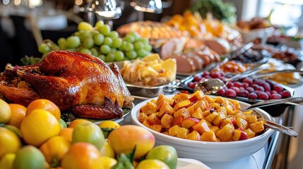 Thanksgiving brunch buffet at a modern hotel with a wide variety of dishes, including international options and fresh fruit
