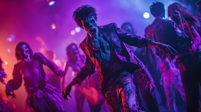 Holloween Theme Zombie Prom Night, elegantly dressed undead in tattered attire, dancing under haunting disco lights, blending horror with a unique celebration of the macabre.