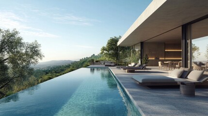 Fototapeta premium A luxurious infinity-edge swimming pool overlooking a scenic landscape, with modern patio furniture and a serene ambiance.