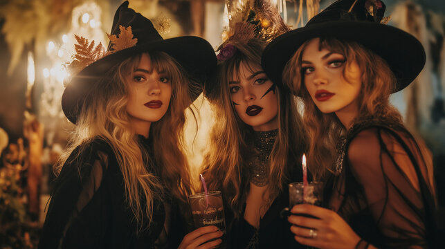 Holloween Theme Witch Beverage Launch, an enchanting event featuring spellbinding decor, guests in glamorous witch costumes, a mystical ambiance celebrating a new potion-inspired drink.