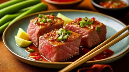  Deliciously cooked sashimi with a side of soy sauce and wasabi