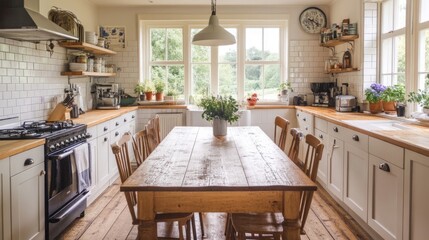 Bright and airy farmhouse kitchen featuring wooden countertops, white subway tiles, and a rustic dining table with matching chairs.