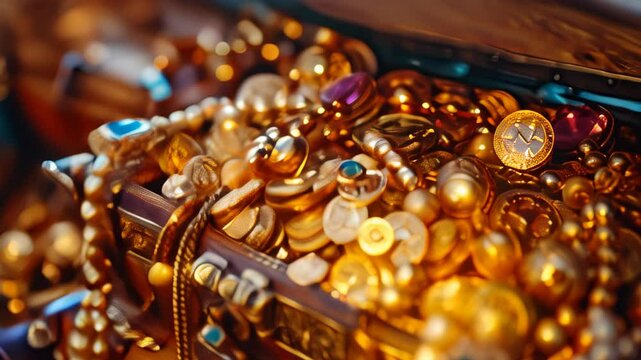 Exploring a hidden treasure chest overflowing with gold coins and sparkling jewels in an ancient setting