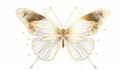 A line art drawing with gold accents of an butterfly, detailed character illustrations on white background