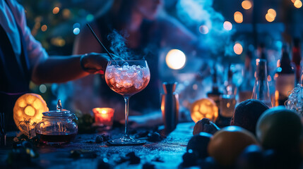 Holloween Theme Witching Hour Cocktail Workshop, an enchanting bar event featuring a new moon theme, guests crafting spellbinding drinks in a mystical atmosphere filled with magic and creativity.