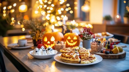 Fototapeta premium A cozy family Halloween breakfast with jack-o-lantern pancakes ghost waffles