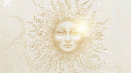 A hand-drawn illustration of the sun, with lines and shapes forming an intricate pattern around it