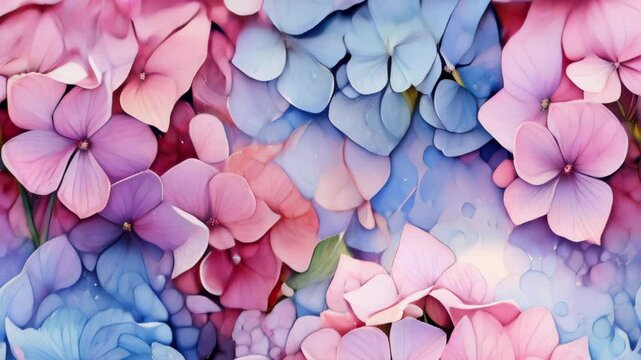 Beautiful watercolor painting of pink and blue hydrangeas against a soft background, showcasing delicate floral details