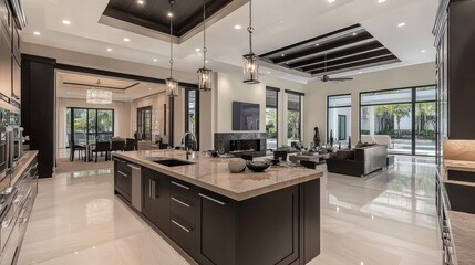 Contemporary open-concept kitchen with dark cabinetry, marble countertops, and an oversized island with built-in sink and cooktop.