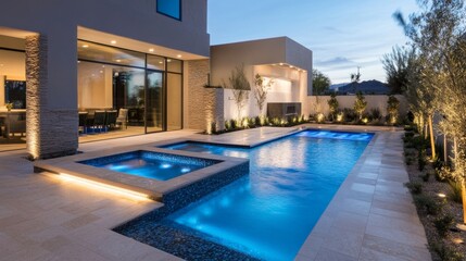Fototapeta premium Contemporary pool design with built-in hot tub, modern lighting, and sleek stone accents around the poolside.