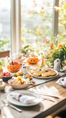 A cozy family Halloween breakfast with jack-o-lantern pancakes ghost waffles