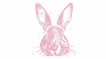 Obraz premium lino cut illustration of simple cute bunny head, pink on white background, children's book style 