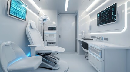 AI-powered diagnostics setup in a mobile medical unit futuristic tech seamlessly integrated into the compact space sterile background