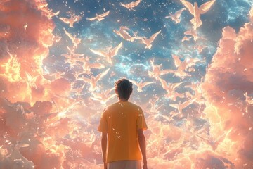 A man is standing in front of a flock of birds