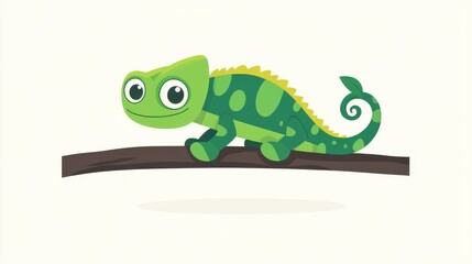 A sleek flat illustration of a chameleon perched on a twig, blended with vibrant textures and charming cartoon aesthetics.