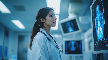 Medical AI-assisted radiology analyzing a patients X-rays in a clean, modern hospital setting