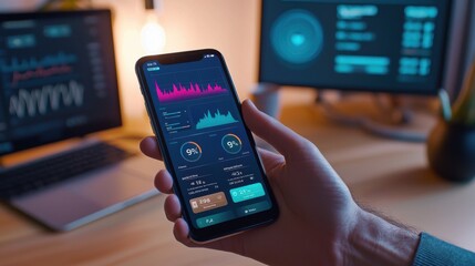 Virtual health consultation on a sleek mobile health app with vibrant health data displayed on the screen
