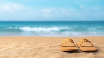 Close-up of sandals and beachwear designs on a sandy runway, with the waves gently reaching the edge of the stage Beach accessories, Runway footwear