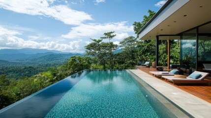 Fototapeta premium Infinity pool on a hillside property, offering panoramic views of mountains and forests, with a modern deck.