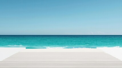Fototapeta premium Fashion show runway set on a pristine white sand beach, with ocean waves crashing as the backdrop, showcasing luxury summer attire Luxury beachwear, Runway on the beach