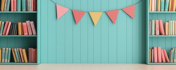A retirement party for a teacher held in a school library, surrounded by books and literary decorations, library setting teacher retirement party, book-themed farewell
