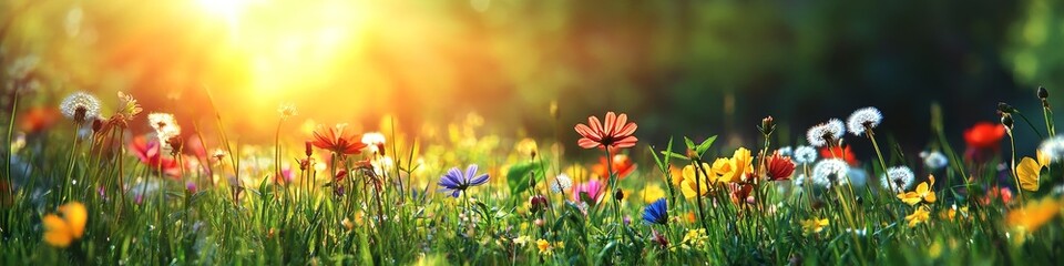 Fototapeta premium Colorful wildflowers bloom in a meadow bathed in warm sunlight.