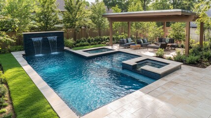 L-shaped pool design with built-in water features and a pergola-shaded lounging area, surrounded by manicured landscaping.