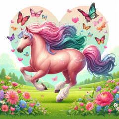 Fototapeta premium pink horse in field with butterflies
