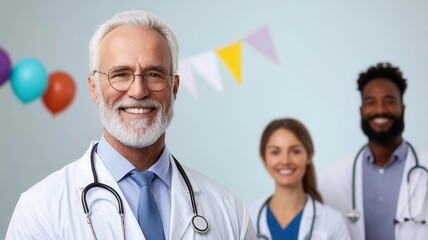 Doctor smiling with colleagues at a retirement party, holding a  Happy Retirement  banner, symbolizing a joyful farewell Doctor retirement celebration, Colleagues