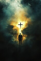 A man is walking through a dark forest with a cross in the sky