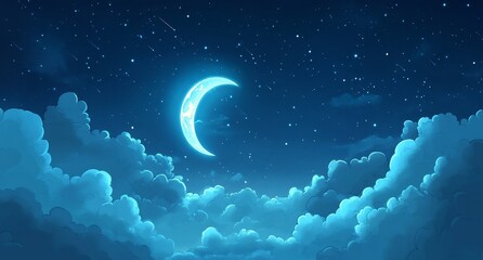 A crescent moon shines bright in a dark blue night sky, with scattered white stars and fluffy clouds, creating a serene and peaceful scene.