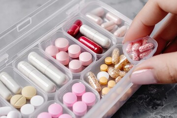 A close-up of a hand selecting a colorful capsule from a weekly pill organizer filled with various medications and supplements.