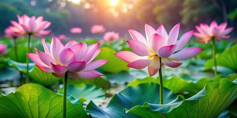 Beautiful pink lotus flowers blooming in a serene pond , serene, nature, floral, pink, beautiful, blooming, water, pond, petals