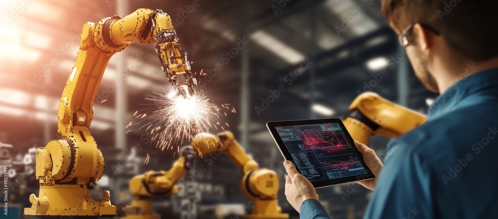 Aufkleber A worker in a factory setting monitoring a robotic arm that is welding with sparks flying off of it.