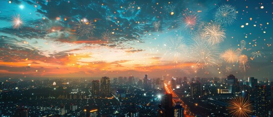 Fototapeta premium Vibrant Cityscape with Fireworks at Dusk