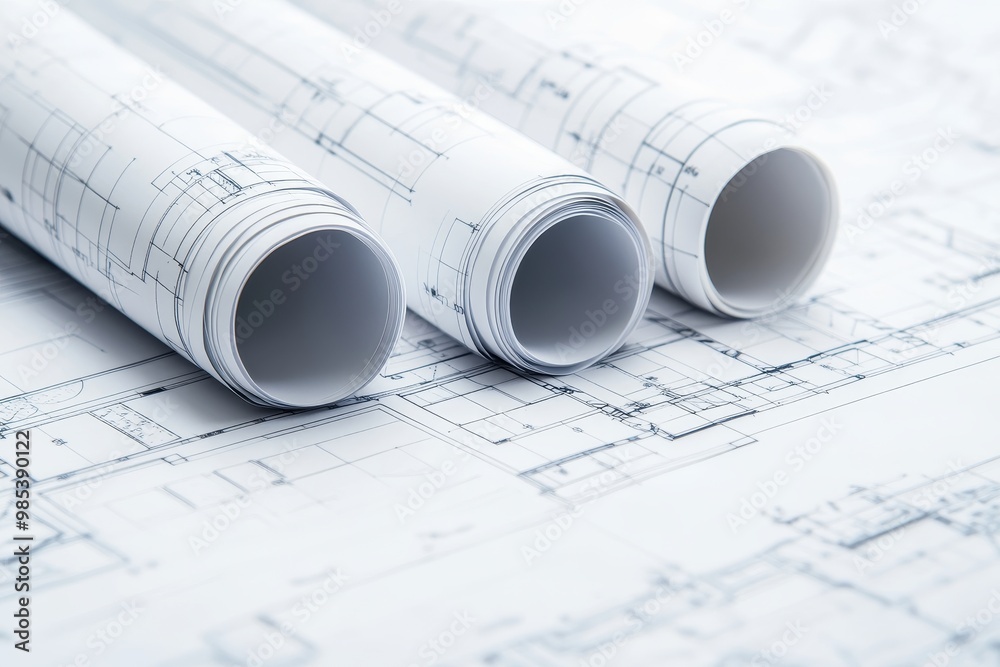 Poster rolled-up blueprints with a detailed floor plan, showing the structure of a building, laying on a wh