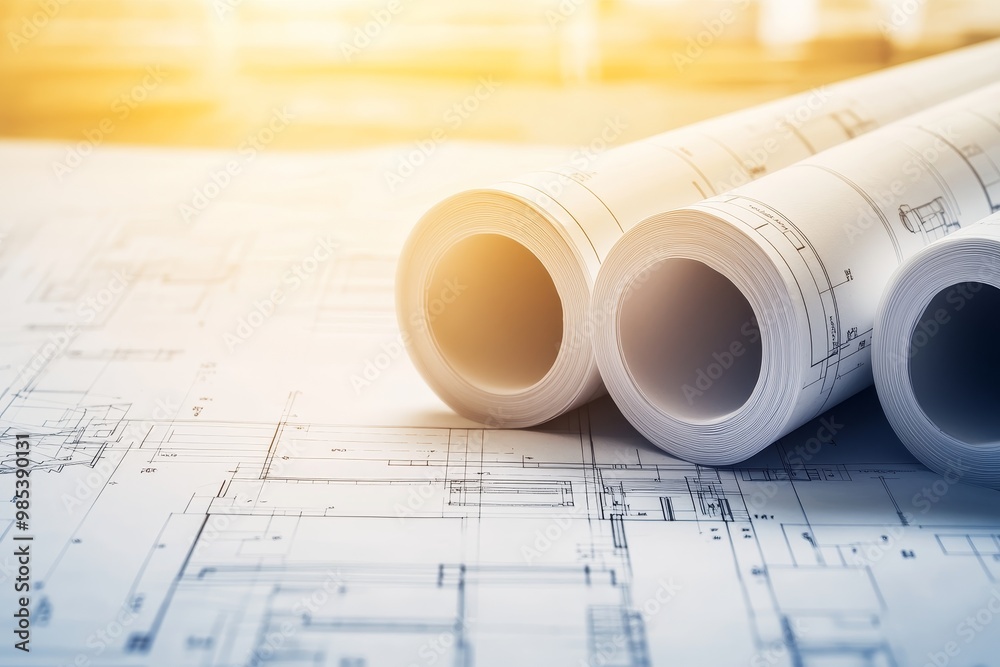 Poster rolled up blueprints on top of architectural drawings with a warm tone.