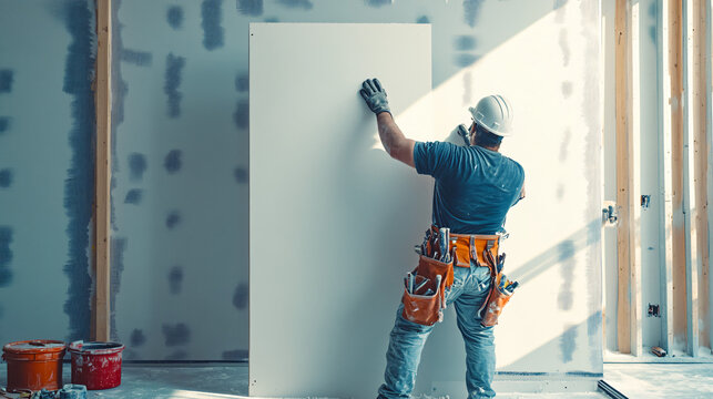 construction worker installing drywall in new home interior