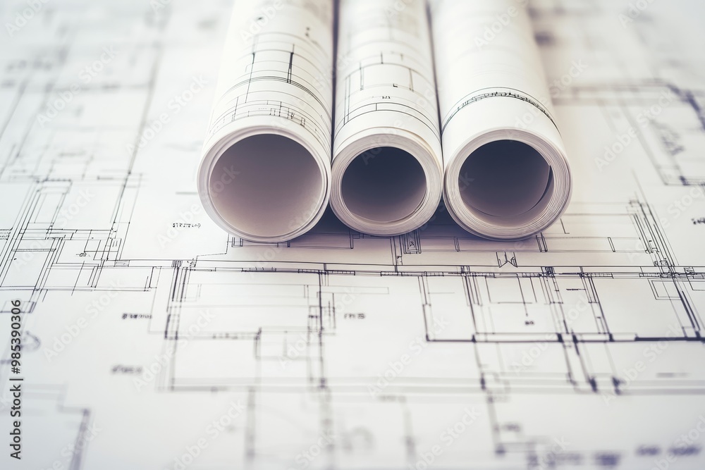 Poster rolled up blueprints on a construction plan.