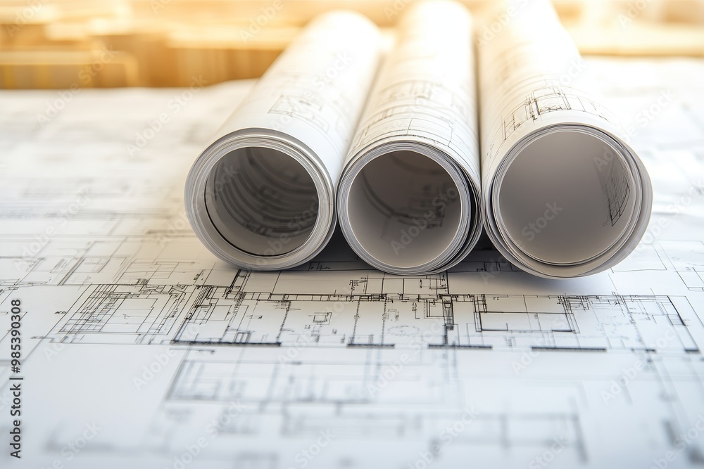 Poster rolled up blueprints on a table with a close-up of the blueprint's lines and a blurry background.