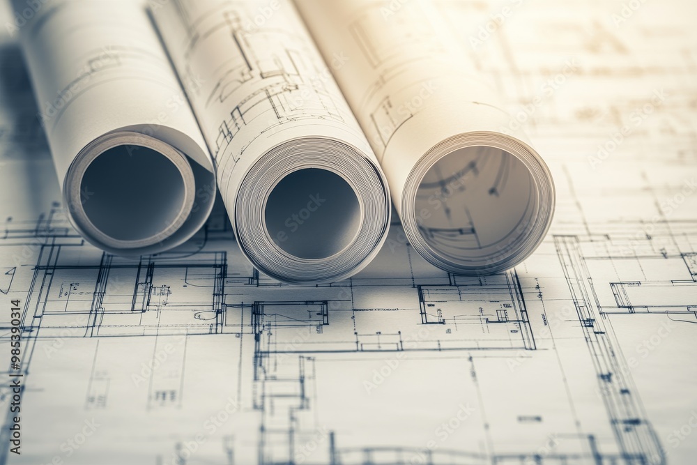 Aufkleber Rolled up blueprints for an architectural project lay on top of a larger blueprint with detailed lines and numbers.