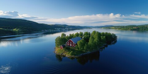 Naklejka premium Viking ship sail on serene sea water in Norway Hamar landscape. Ancient Nordic vessel with wooden mast and metal sail. Scenic view of historic ship on ocean with fjord mountain background.