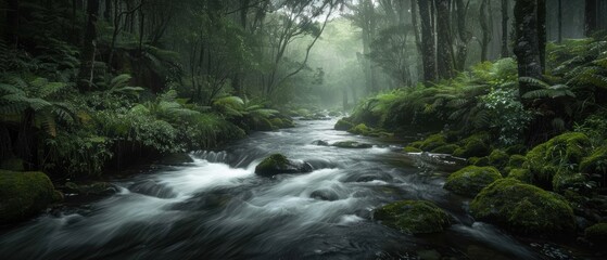 Obraz premium Serene Forest Stream with Lush Greenery and Mist