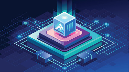 Fototapeta premium Isometric AI Chip Hologram in the Center of Circuit Board with Technology Blue Background Vector Illustration