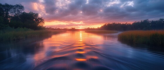 Fototapeta premium Serene Sunset Over Calm River Waters
