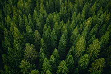 Fototapeta premium Aerial shot of dense pine forest with tall trees. Forest floor covered with thick layer of pine needles. Trees vibrant green, with displaying hint of yellow, brown as seasons change. Camera serene,
