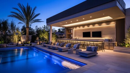 Poolside bar and lounge area next to a modern home, with soft outdoor lighting and comfortable seating for relaxation.