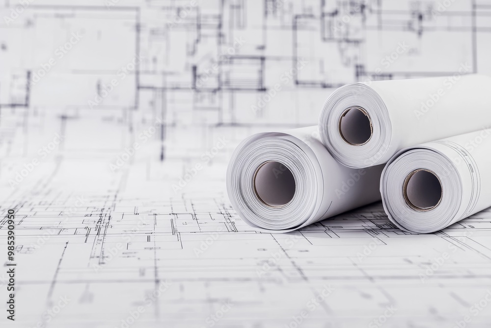 Aufkleber rolled up blueprints on a table with architectural drawings in the background.
