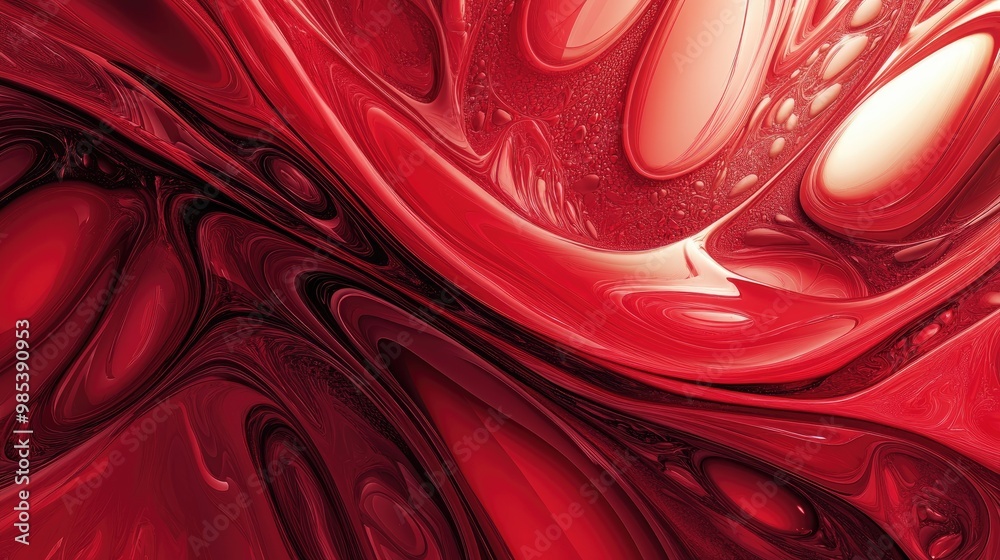 Poster abstract red forms and shapes with intricate details and a smooth gradient, showcasing complexity an